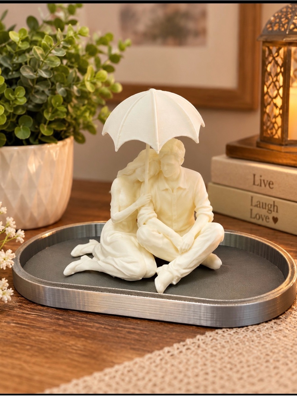 Romantic Couple Under Umbrella White 3D Peinted Sculpture - Home Art